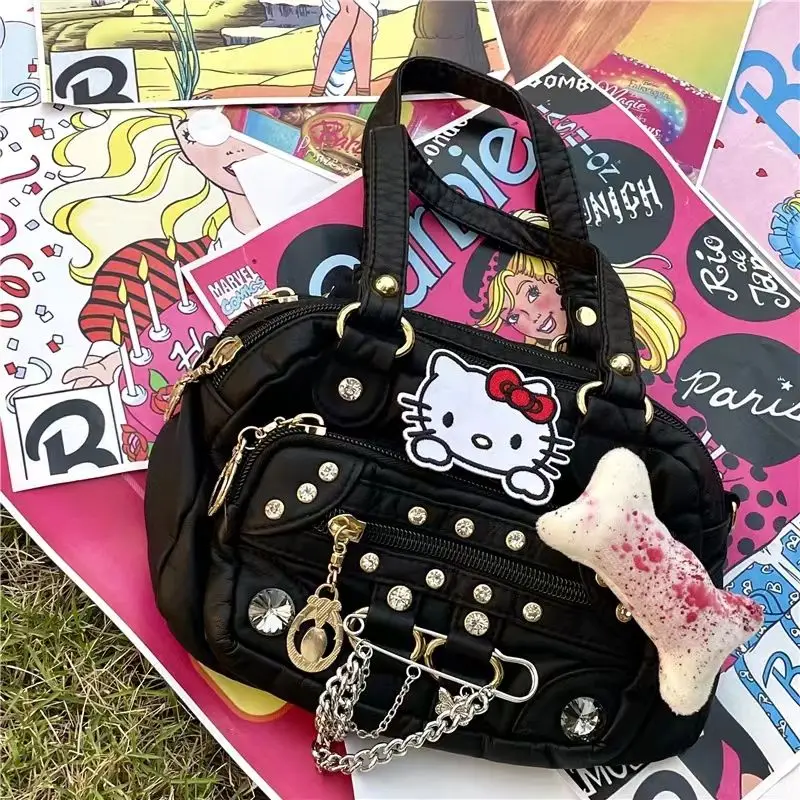 

Hello Kitty Handbag Retro Embroidered Vintage Bag Cute Anime Large Capacity Soft Leather with Diamond Crossbody Bag