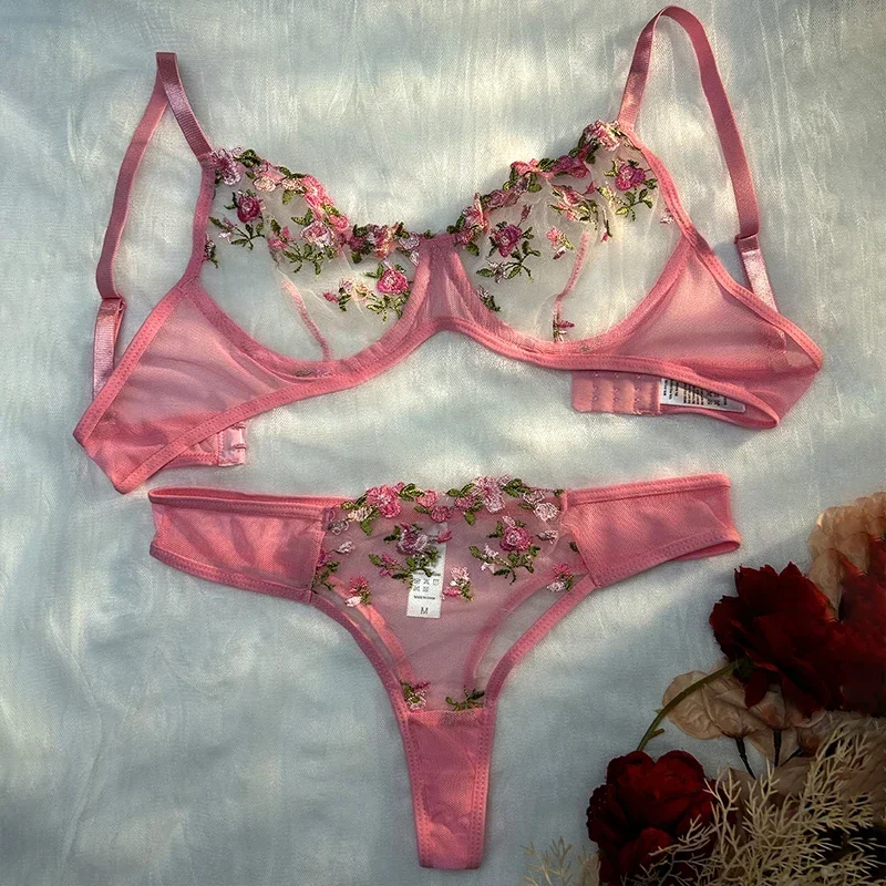 

Sexy Bra Set Transparent Pink Embroidery Floret Lingerie Two Piece Woman Push Up Ventilate Underwear G-string Erotic Costumes