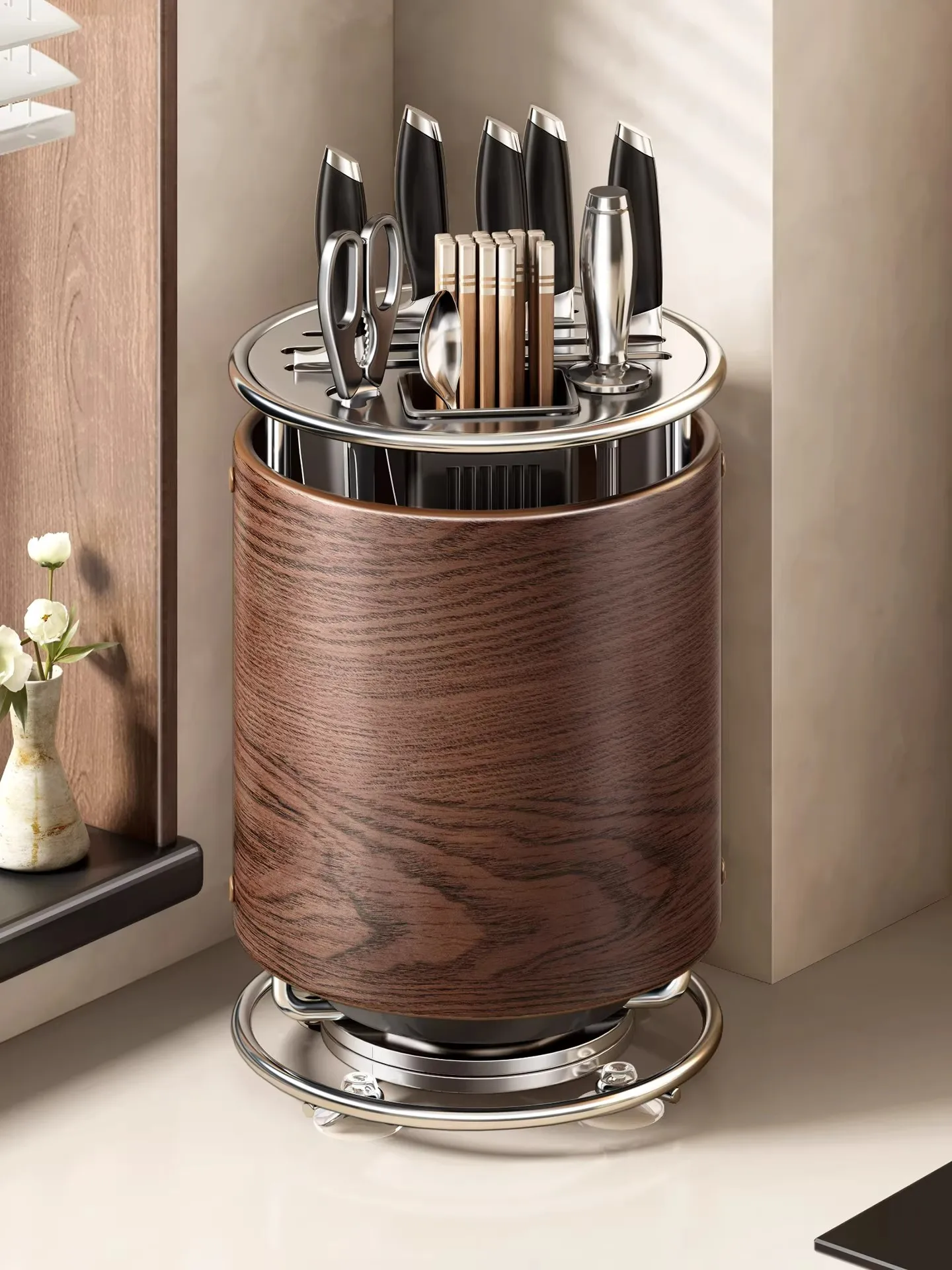 

Вращающаяся многофункциональная подставка для ножей из нержавеющей стали с интегрированным держателем для палочек для еды