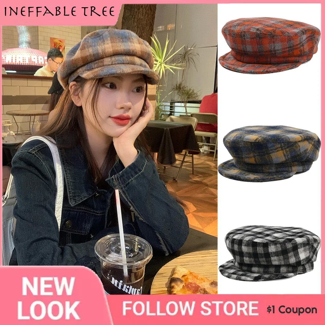 

Korea Vintage Plaid Beret Octagonal Hats for Women Classic Beanies Caps Flat Brim Artist Berets Female Painter Cap Bonnet Gorros