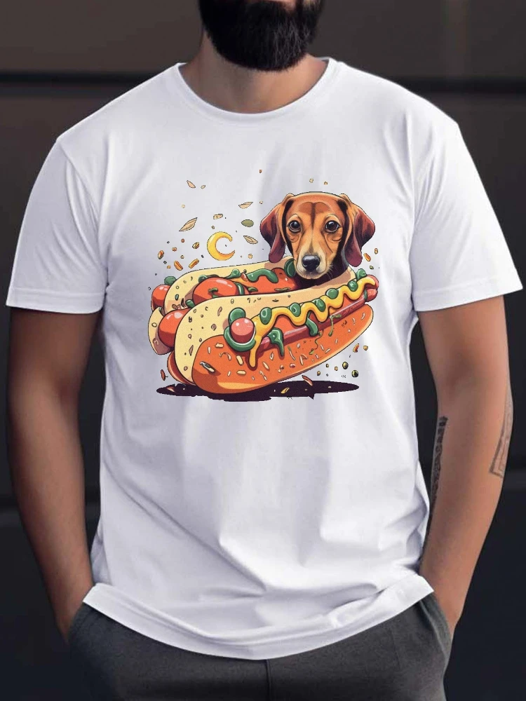 Dachshund Hot Dog Graphic design-100% cotton summer O-neck short sleeve casual printed T-shirt