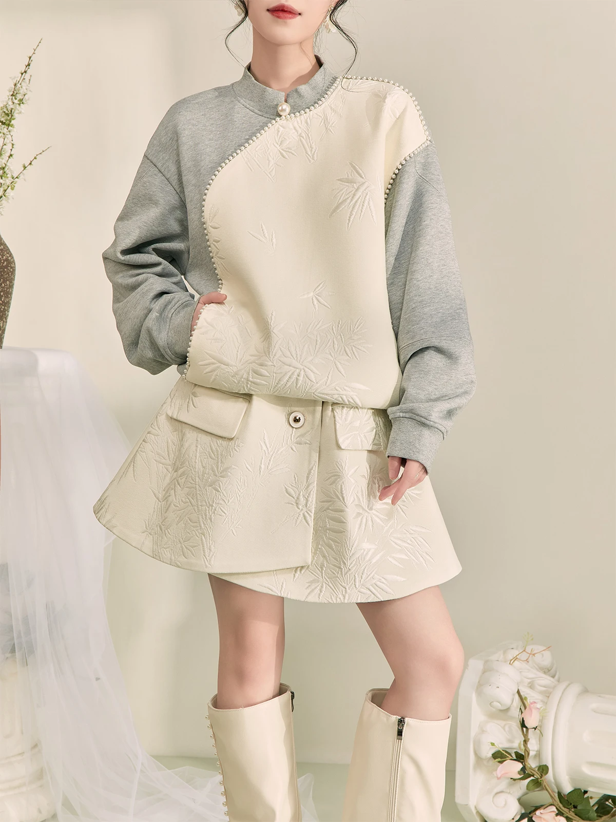 

Весенняя толстовка с цветочной вышивкой и воротником-стойкой, асимметричная юбка с высокой талией, женский традиционный комплект из двух предметов