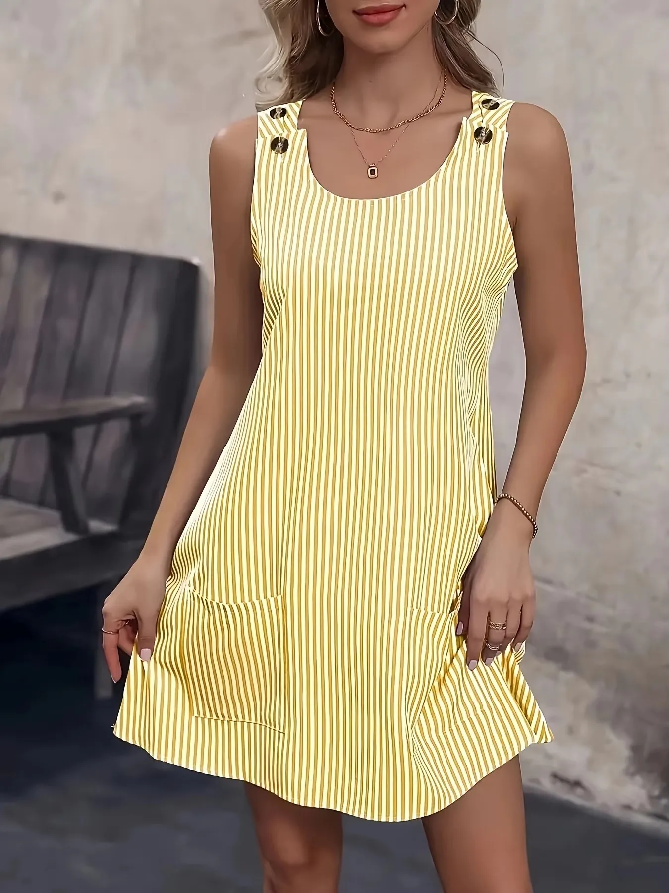 Vestido feminino sem mangas evasê com bolsos – Vestido casual longo listrado amarelo e preto vibrante, gola redonda, lavável à máquina, S