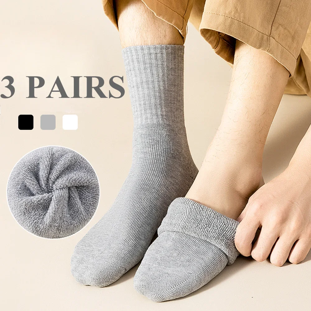 3 Pairs Men Winter Socks Thick Thermal Warm Socks Middle Tube Black White Grey Socks Solid Color