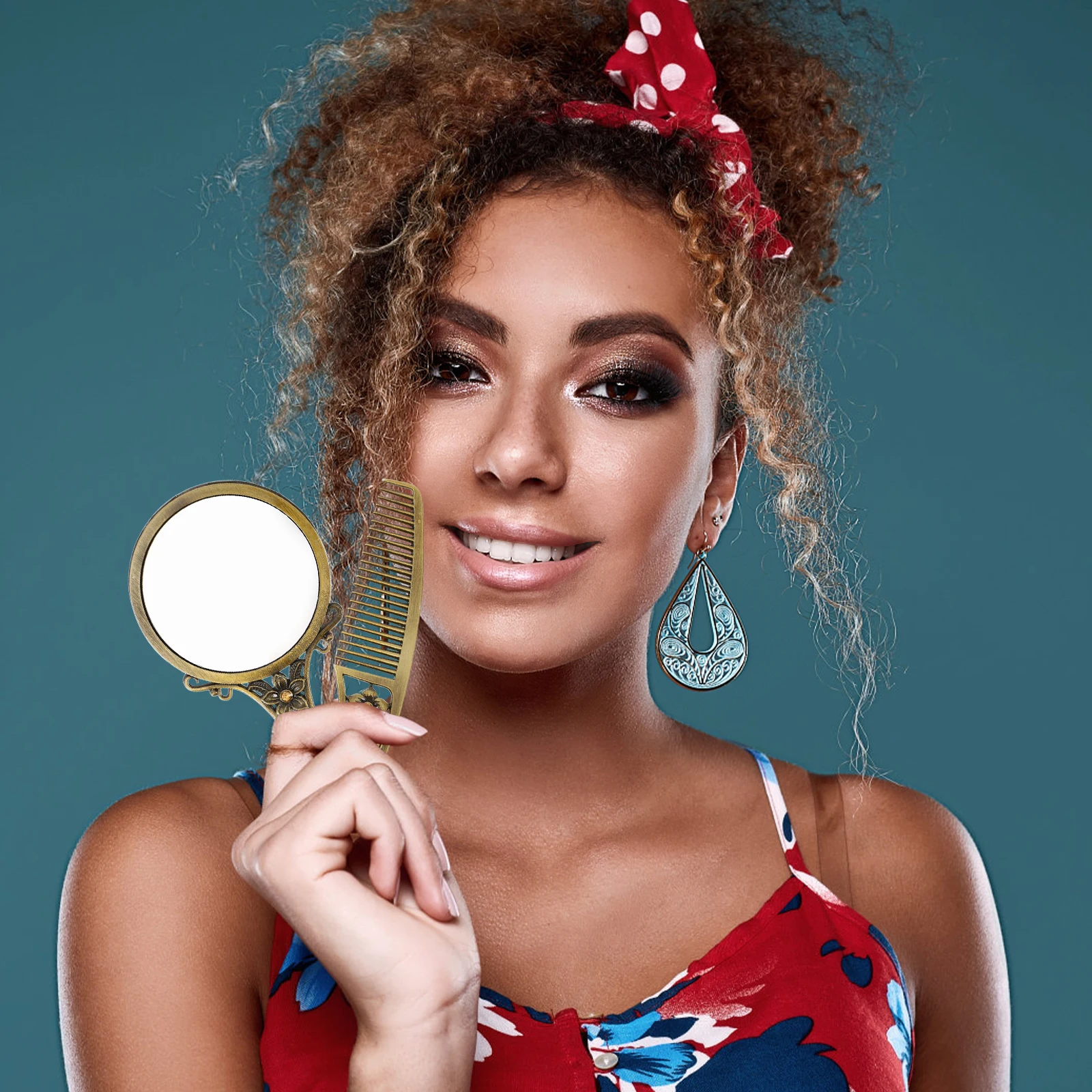 Metal Woman Mirror Compact Hair Comb Set Vintage Travel Clear HD Mirror Surface Portable Double Side Small Pocket Purse Handbag