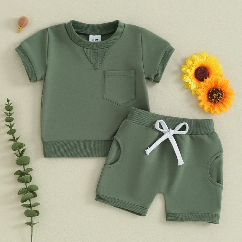 Toddler Boys Clothes Summer Baby Clothing Short Sleeve Solid Color Tops and Drawstring Shorts Sets Cotton Outfits