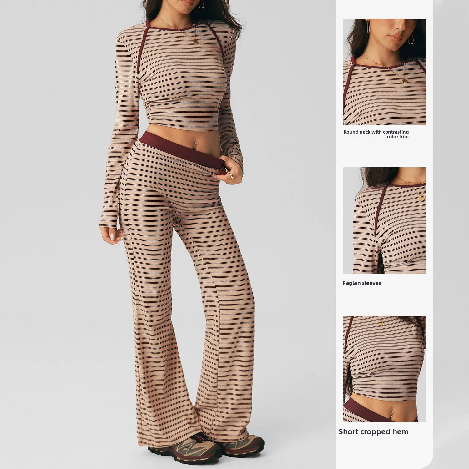 Fashion Women 2Pcs Striped Sports Set Outdoor Long Sleeve Crew Neck Crop Top High Waist Flared Pants Pilates Workout Tracksuit