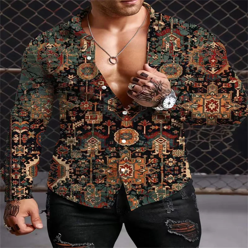 

2024 ethnic style printed men's shirt retro totem printed long-sleeved shirt trendy outdoor casual wear autumn long-sleeved shir