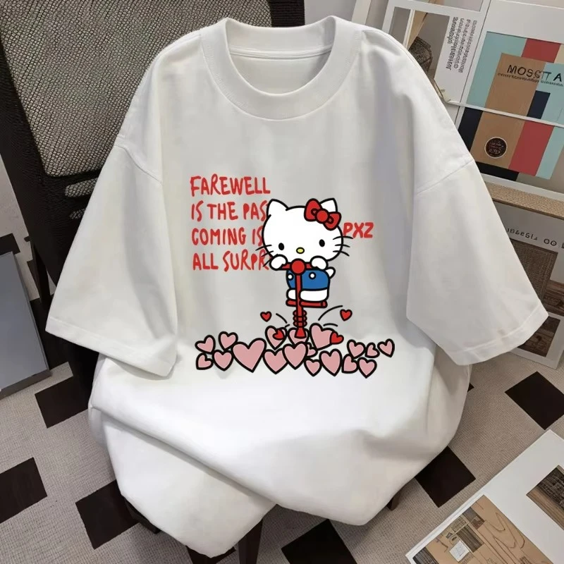

MINISO Hello Kitty Cartoon Women Short Sleeved T-shirt Harajuku Couple Cute Soft Fabric Fashion Summer Casual Street Cotton Top