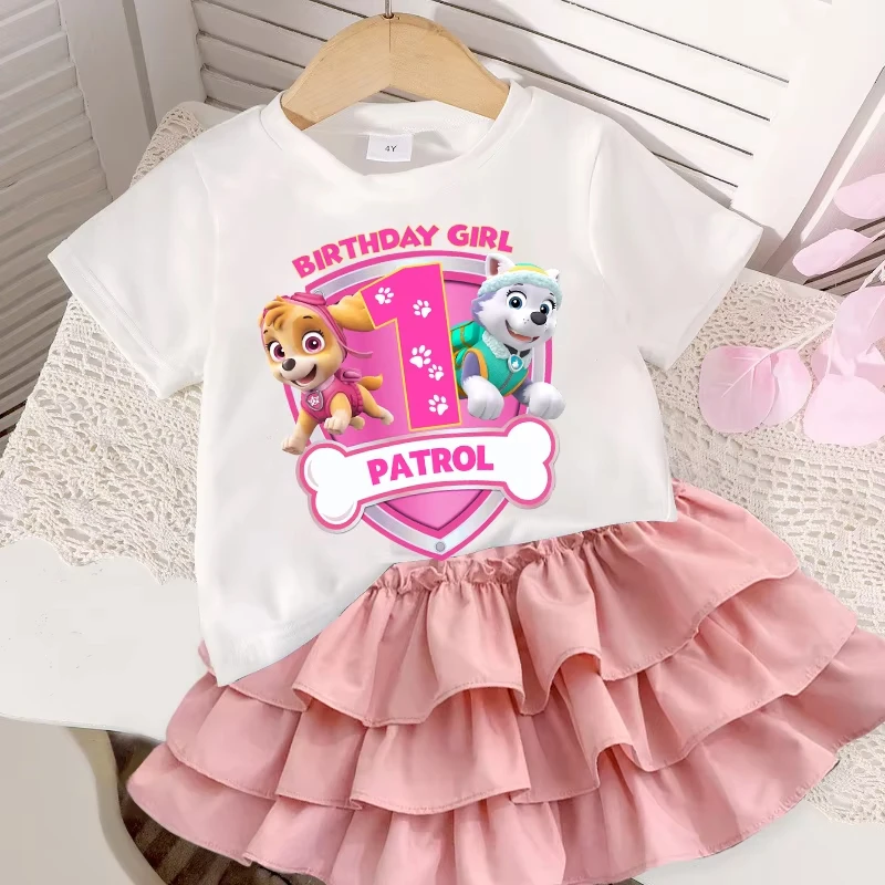 Paw Patrols Girl Number T Shirt Puff Skirt 2pcs Cartoon Dog Skye Everest Kids Birthday Clothes Set Short Sleeve Tops Dress Suit
