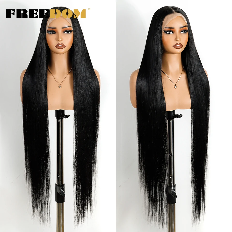 FREEDOM Lange Gerade Synthetische Lace-Front-Perücken für Frauen 38 Zoll Weich 13X4 Freier Scheitel Schwarzes Haar Lace-Frontal-Perücke Vorgezupft – Detail 3