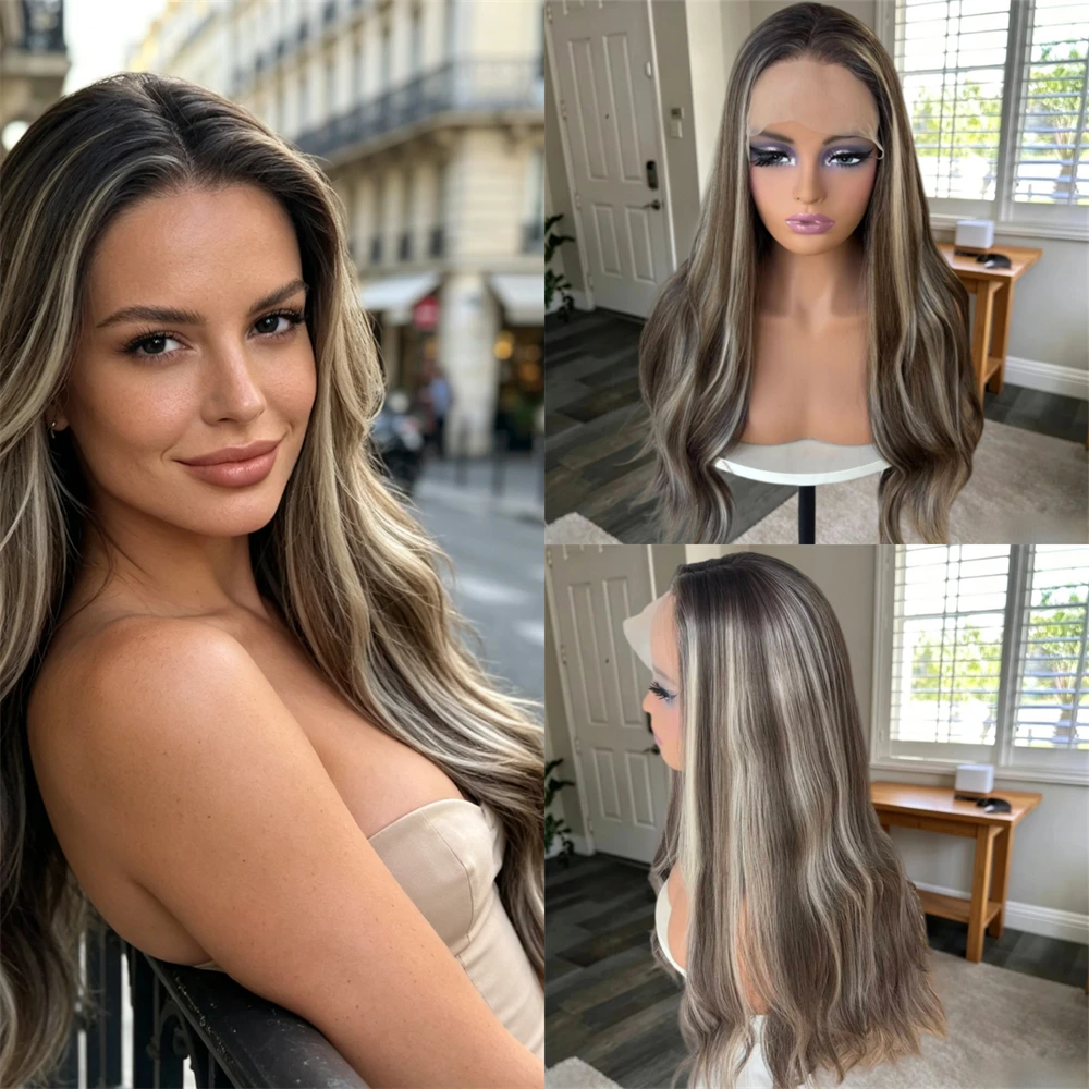 Ombre Ash Brown with White Blonde Synthetic HD Lace Front Wig with Roots Party Daily Cosplay Heat Resistant Fiber Wig Loose Wave
