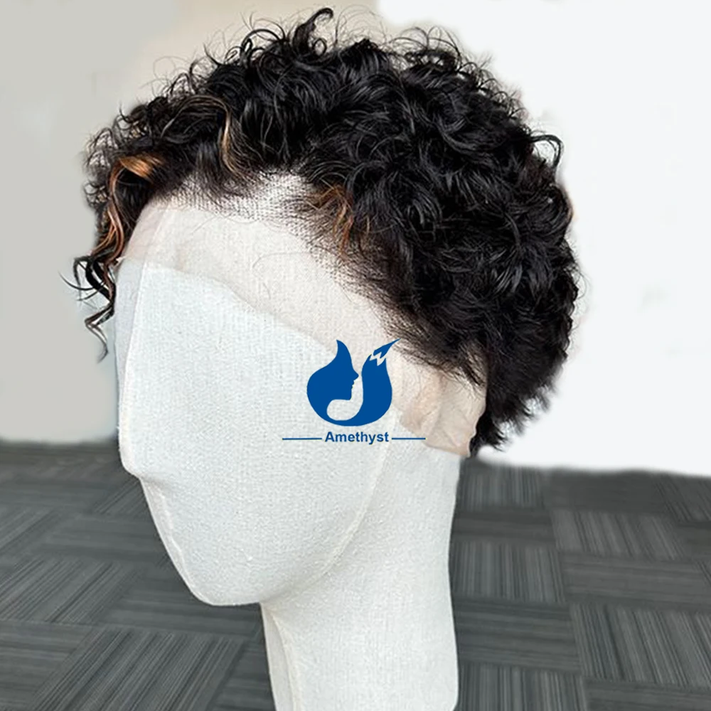 Peruca Curta Pixie Cut Curly Full Lace para Homens, Cabelo Humano, Destaque Marrom, Perucas Kinky, Preplucked