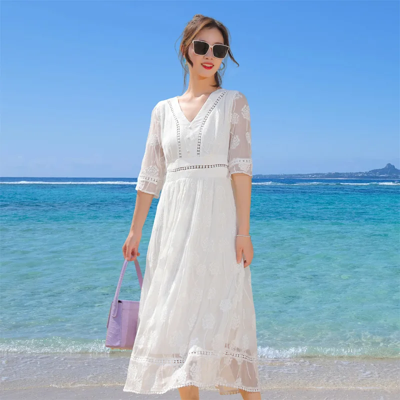 Natural Silk Dress for Women, Heavy Mulberry Silk, V-Neck, Embroidery White Dress, Half Sleeve, Beach Dress, Luxury, 28042