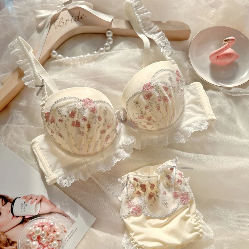 

Японский комплект с бюстгальтером в стиле Лолиты для девочек, милый комплект с цветочной вышивкой для девочек, нижнее белье, студенческий бюстгальтер, комплект нижнего белья