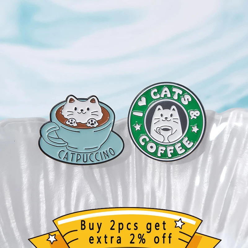 I Love Catpuccino Coffee Kitten Enamel Pins Custom Cat's Paw Milk Tea Cup Brooches Lapel Pin Shirt Badge Cartoon Animals Jewelry