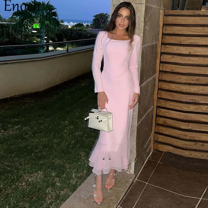 ENOCH Moderne Square Coller Prom Kleider Bodenlangen Elegante Lange Ärmel Abendkleider für Party Einfache Backless Nach Maß