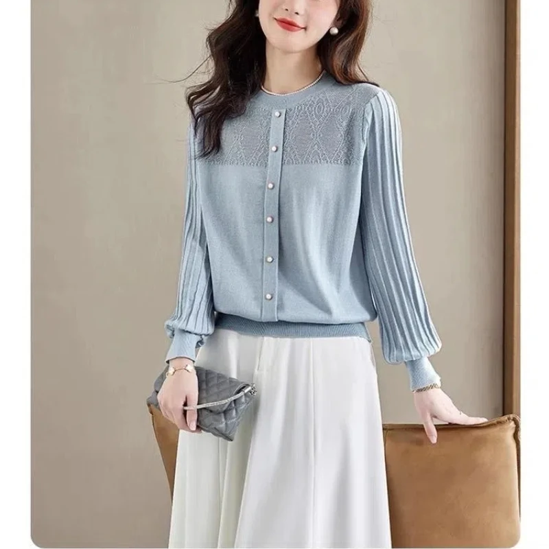 Korean Fashion Autumn/Winter Pullovers New Women's O-Neck Solid Single Breasted Pleated Elegant Loose Long Sleeve Knitting Tops