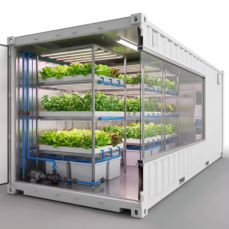 Indoor vertical steel frame container farm full spectrum plant growth lamp large hydroponics/air cultivation system