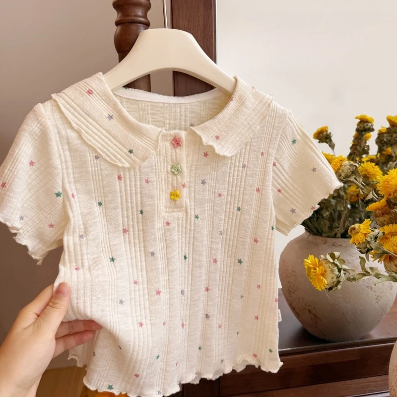 New Summer Korean Style Girls T-Shirt, All Over Star Print Short Sleeve Fashion Casual Top for Toddler Baby Little Girls