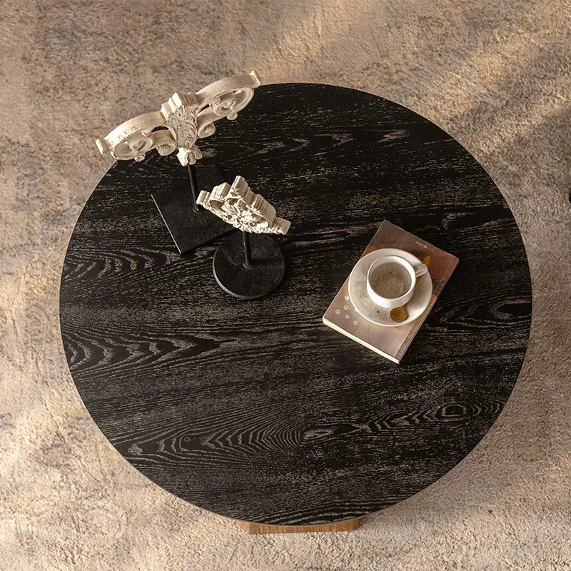 medieval solid wood small round table, black living room sofa edge table for homestay, balcony casual