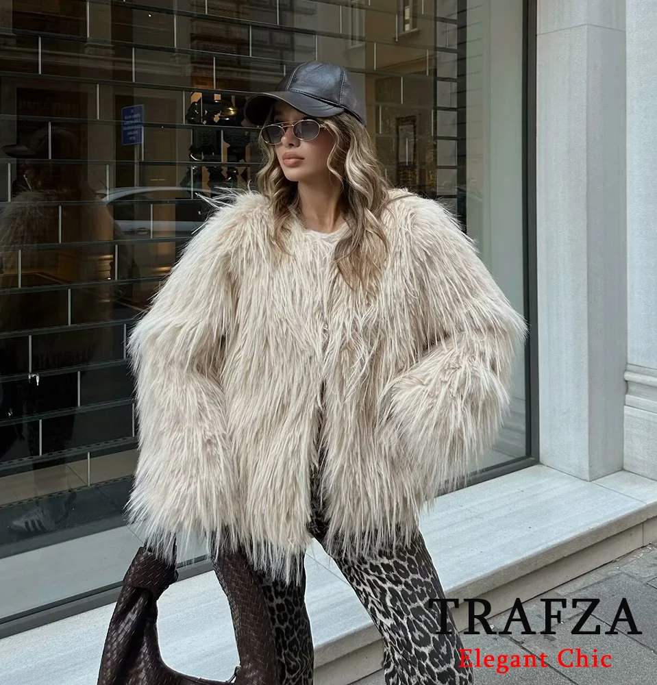 TRAFZA-Women Elegant Fur-Effect Jacket Coat O-Neck Feather-Like Faux Fur Jacket New Fall Winter Fashion Romantic Jacket Coat