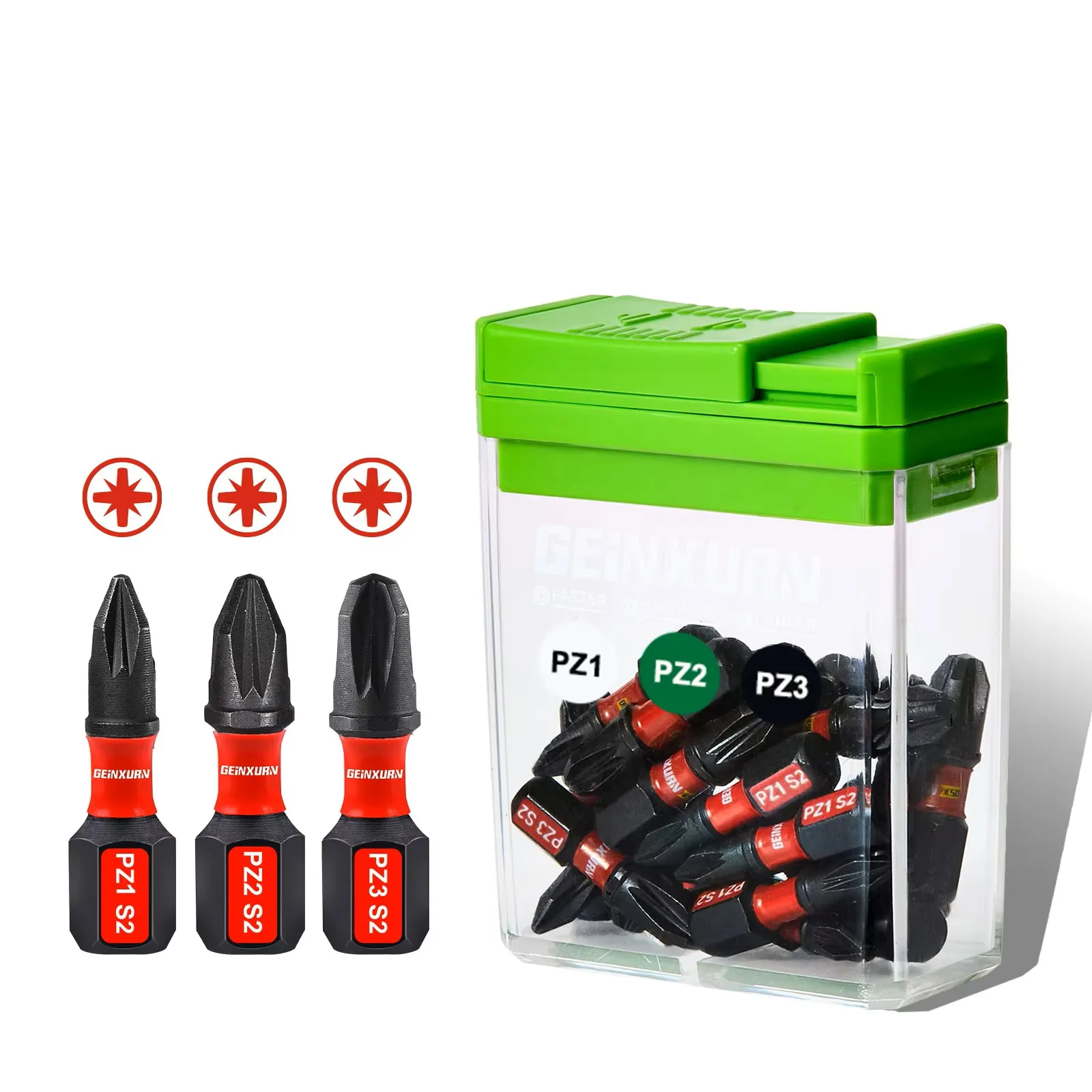 Geinxurn 30Pcs 1In S2 Pozi Impact Bits With Colorful Green Storage Box, Marine Boat Hardware