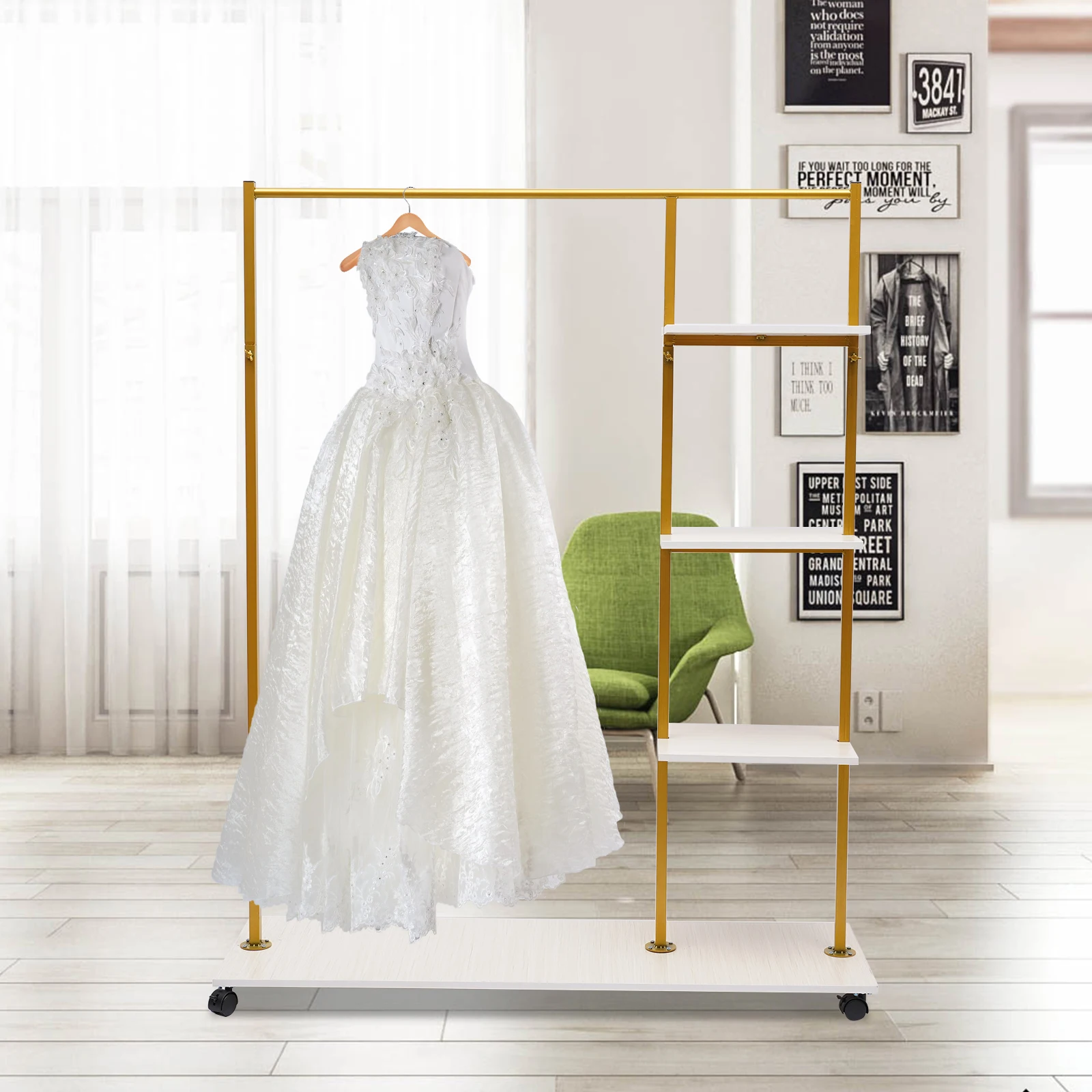 

Gold Iron Clothing Rack with 4-Tier Shelves and Universal Wheel Wedding Dress Bridal Garment Rack Stand