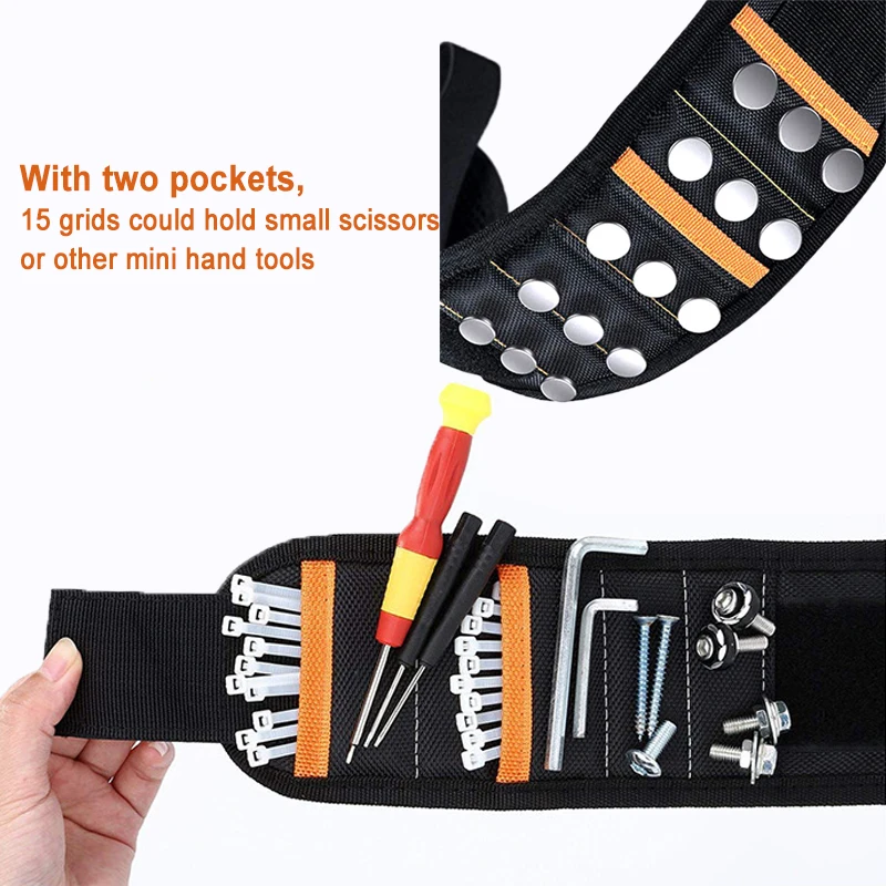 15/20 Magnetic Wristband Tool Bag with Pockets Strong Magnet For Screws Wrench Drill Nails Hand Tools Holder Storage Organizer