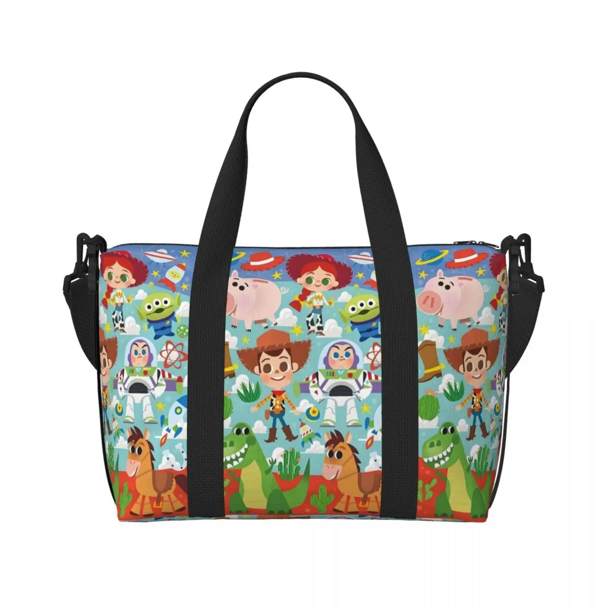 

Custom Toy Story Cartoon Anime Figure Tote Bag Women Large Capacity Classic Movie Gym Beach Shoulder Travel Bag