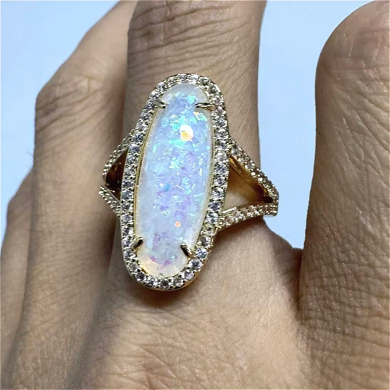 Vintage Klassischer Langer Ovaler Synthetischer Mondstein-Ring Eleganter Minimalistischer Hochzeitsschmuck Vielseitiges Luxus-Geschenk für Damen