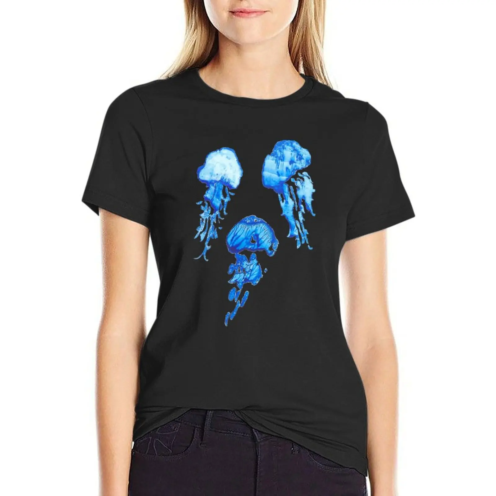 

Medusa Jelly Fish Monotype TRIO in Blue Watercolor T-shirt Short sleeve tee shirts graphic tees plus size tops t shirt for Women