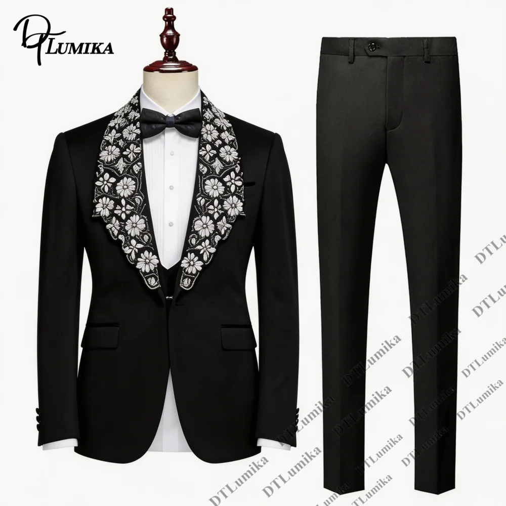 Classic Styling Fits Formal Suit for Men 3 Piece Tuxedo Silver Floral Lapel Jacket Vest Pants Prom Banquet Evening Party Suits