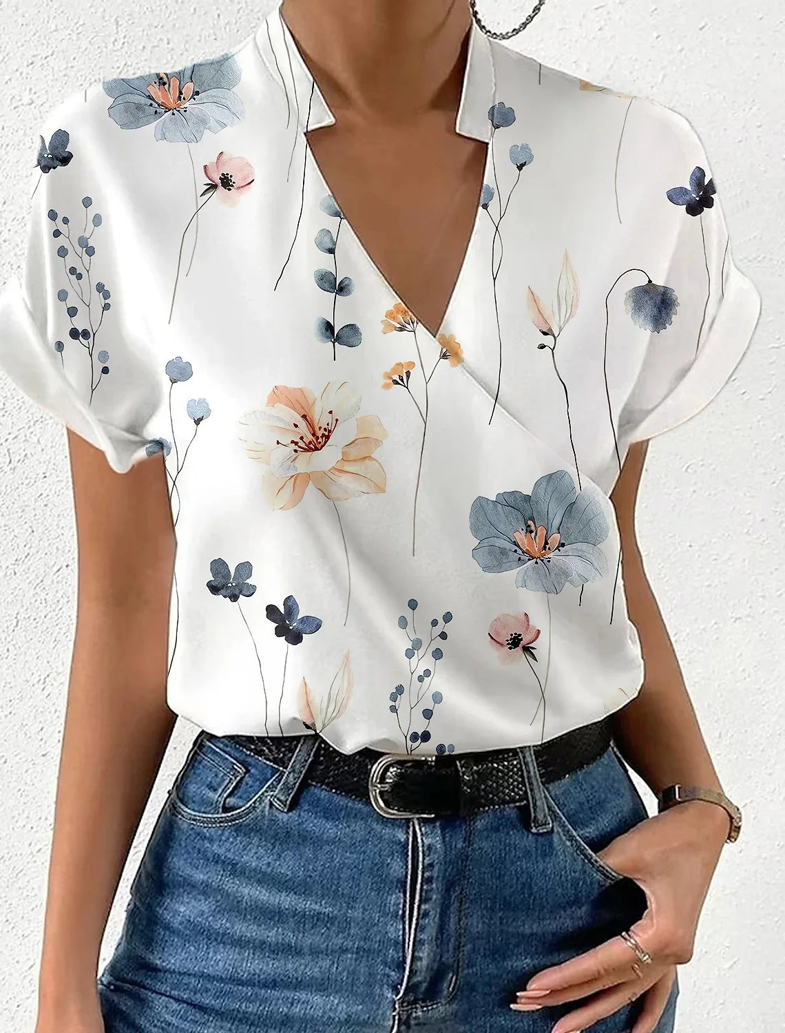 

Shirts For Women 2023 Summer Loose V-neck Stand Collar Print Tops And Blouses Blusas Elegantes Finas Para Mujer Casual T Shirt