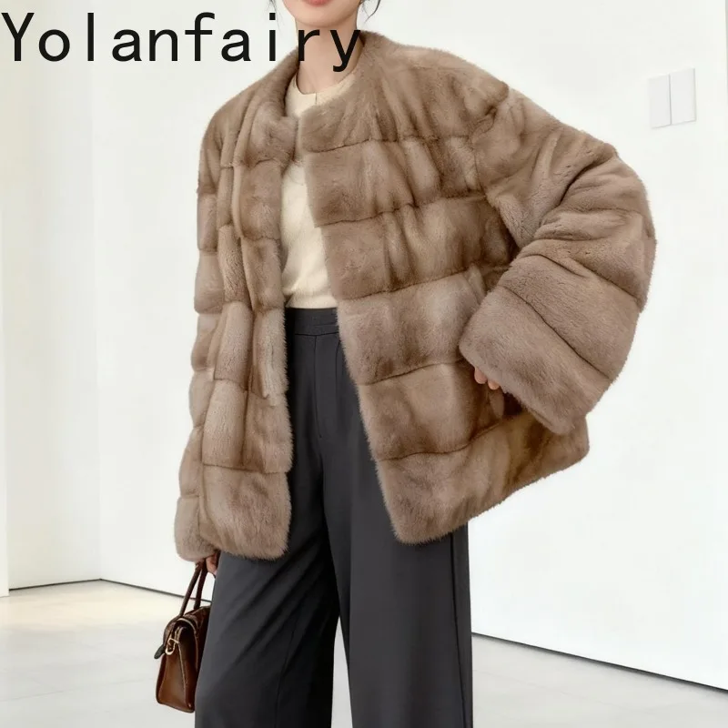 เสื้อโค้ทขนสัตว์แท้ YOLANFAIRY สำหรับผู้หญิง ขนมิงค์แท้ทั้งตัว สไตล์วินเทจ หรูหรา สำหรับฤดูหนาว รุ่นสั้น