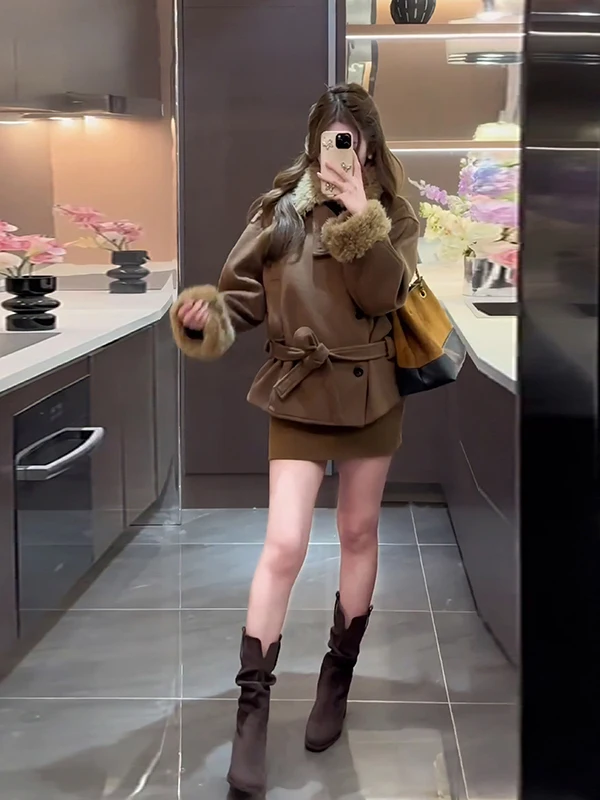 

Winter Brown Retro Lapel Woolen Coat Women Loose Slimming Long Design Sense ort Faionable Commute Thiened Long Sve
