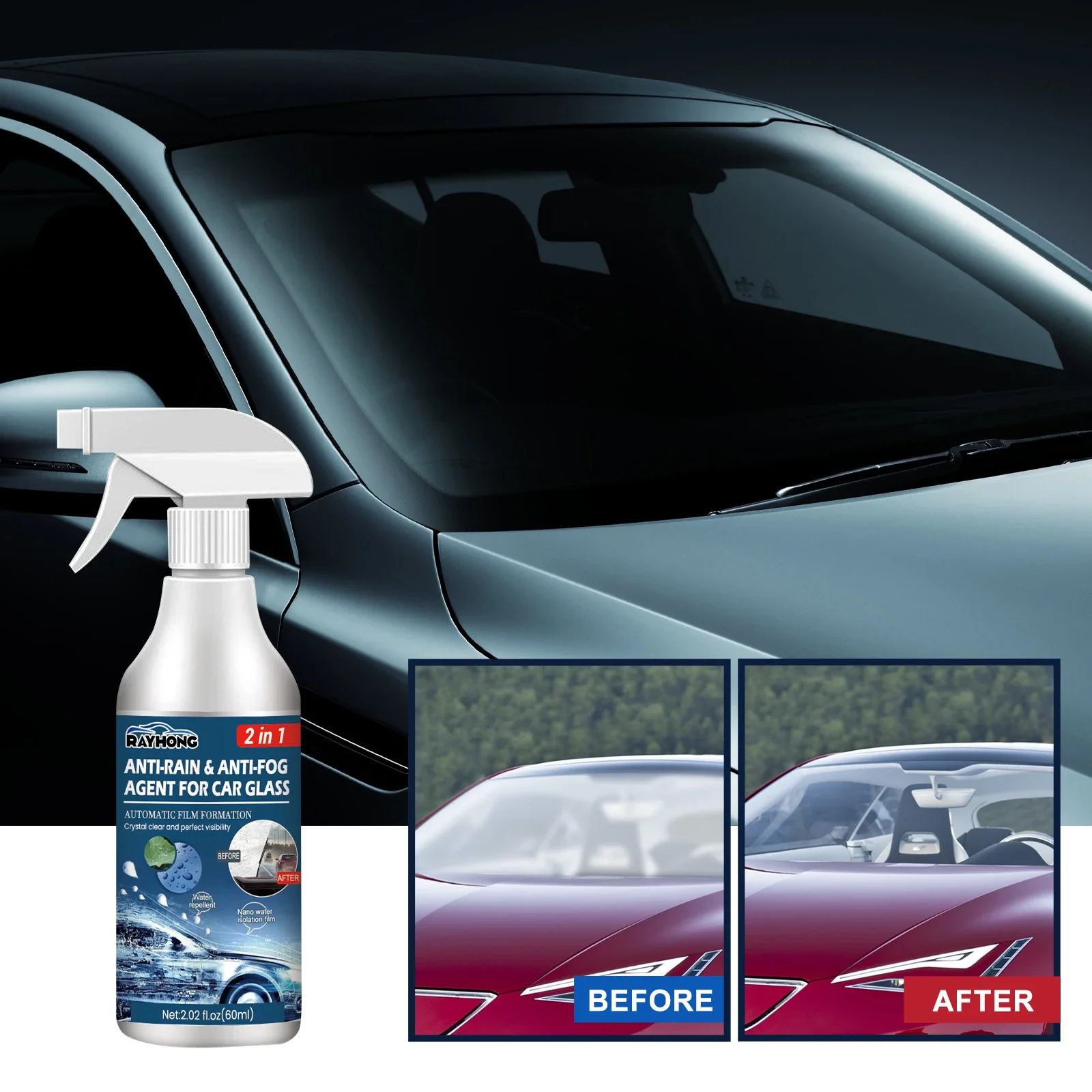 

60ML Anti-Rain & Anti-Fog Coating Agent Auto Window Hydrophobic Agent Anti Fog Spray Defogger for Car Windshield Glass