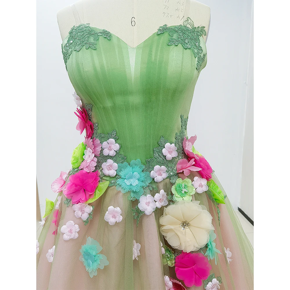 Formal Sweetheart green and pink appliques evening dress sleeveless Chapel Train Draped Prom Gown Elegant Women Long Dresses