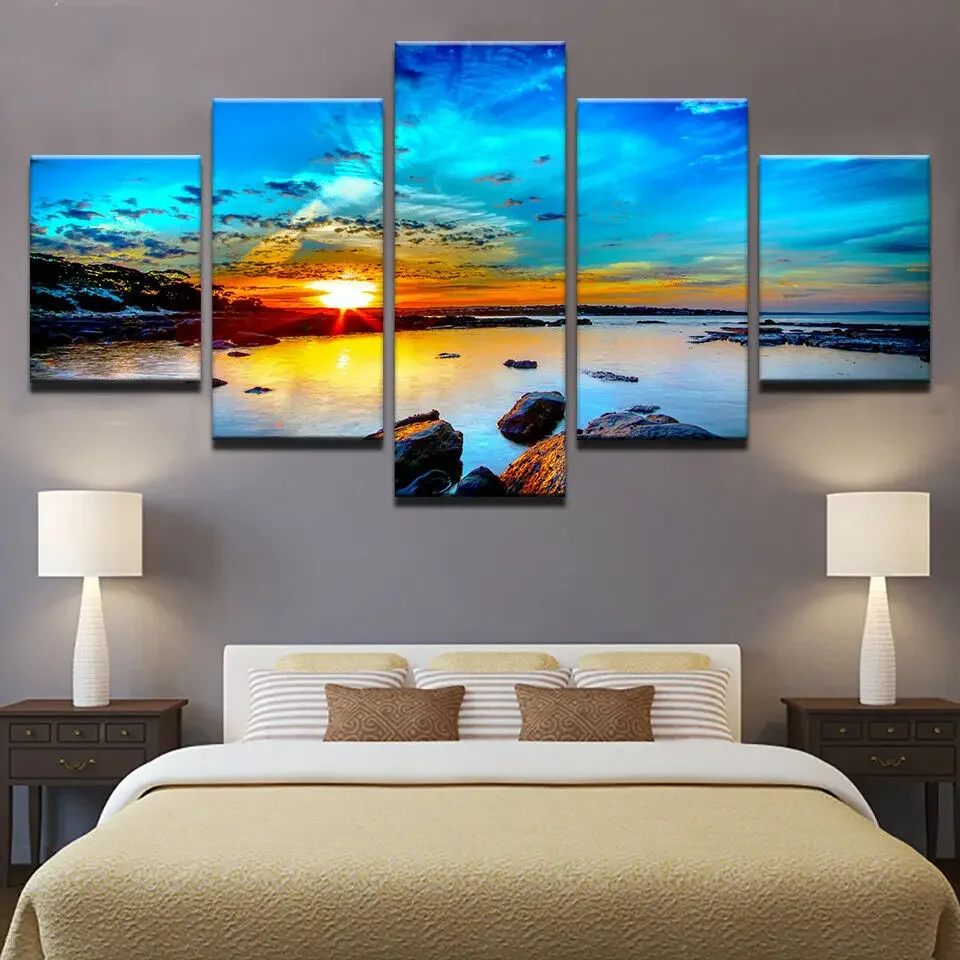 Sunrise Seaview Sea Beach Rocks Skyrim Canvas Prints Painting Wall Art Decor 5 Panel Home Decor No Framed Paintings Pictures