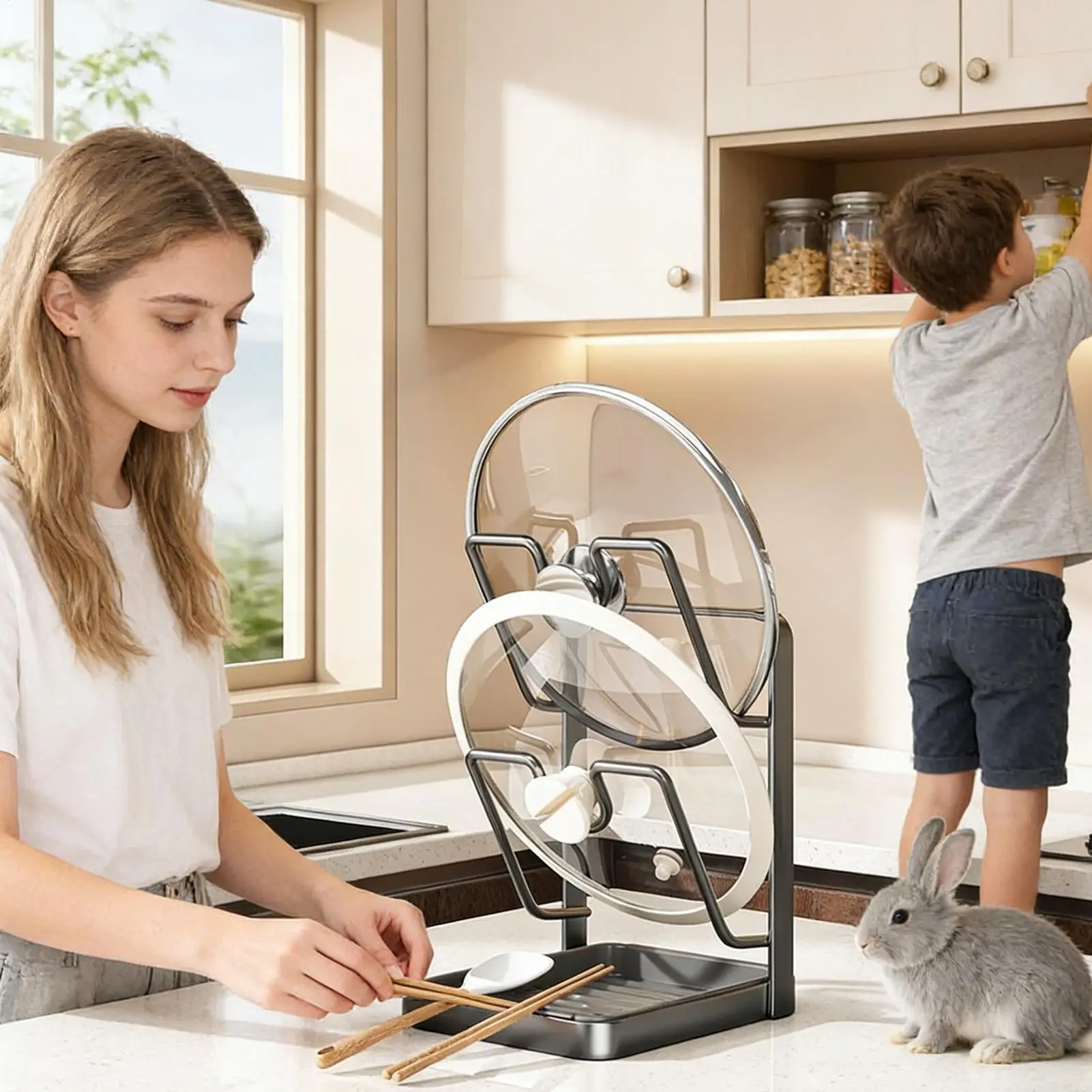 Pan Lid Organizer 2-Tier Storage Stand Lid Holder with Drip Tray for Spatula Ladle Spoon Kitchen Countertop