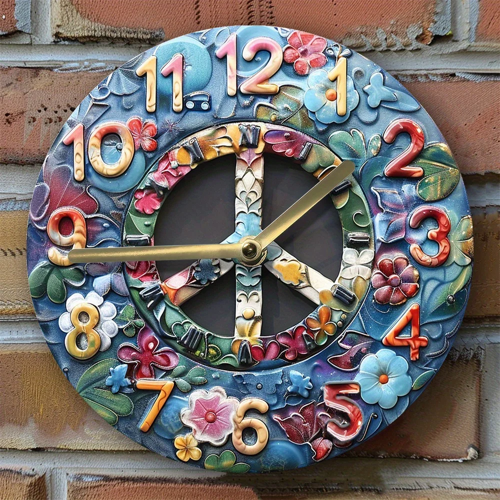 2D Effects Silent Wall Clock - Peace Sign Theme, Metal, DIY Clock, Winter Dormitory Decor, Pet Lovers, Christmas Decorations