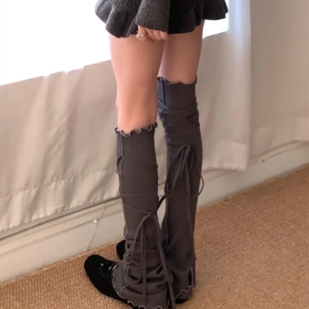 

Strappy Balletcore Leg Warmers Stringy Selvedge Knee High Loose Socks Foot Cover Vertical Stripe Solid Color Boots Cover