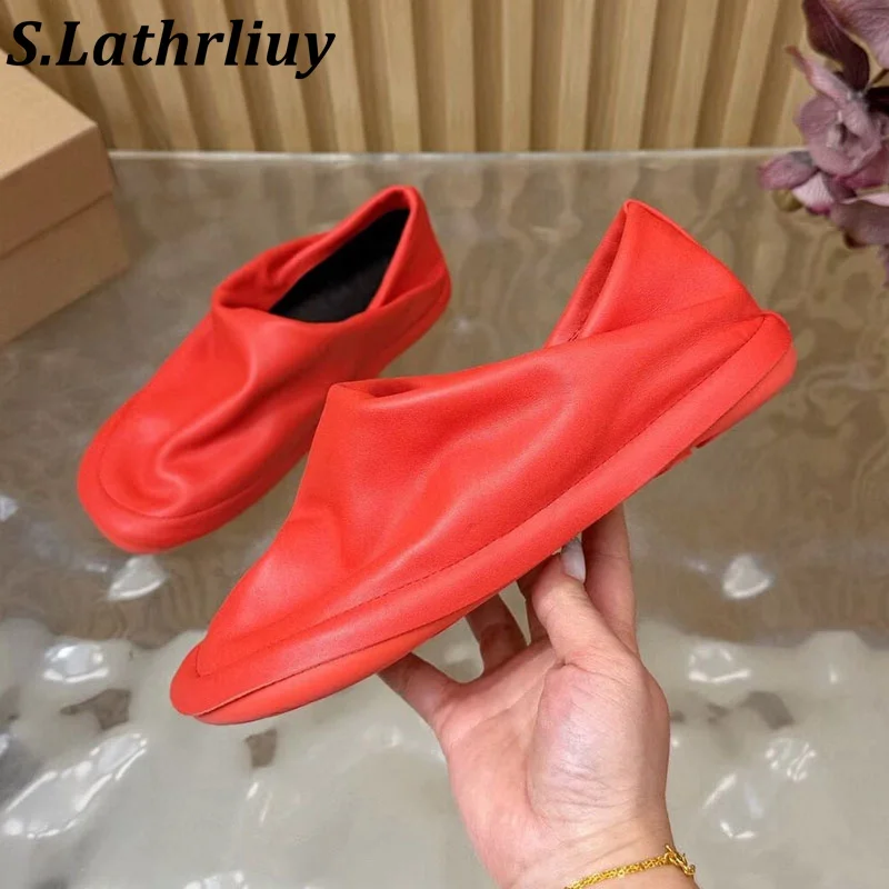 Real Leather Pleated Loafers Women Simple Casual Flat Shoes Summer Versatile Comfortable Round Toe Single Shoes Grandma Shoes