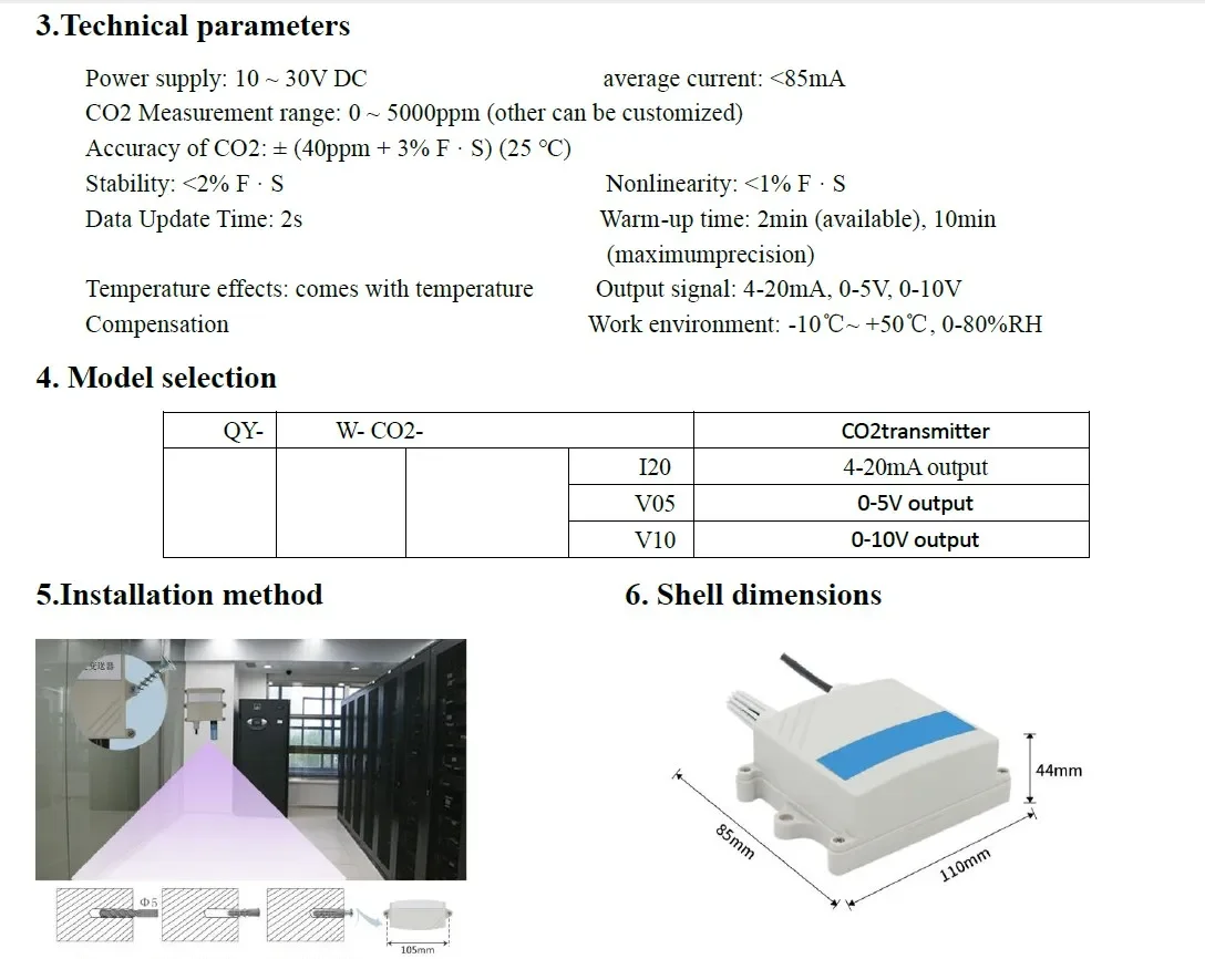 Environment Sensor CO2 Sensor 0-5000ppm Carbon Dioxide Content Sensor 4-20mA 0-5v 0-10v