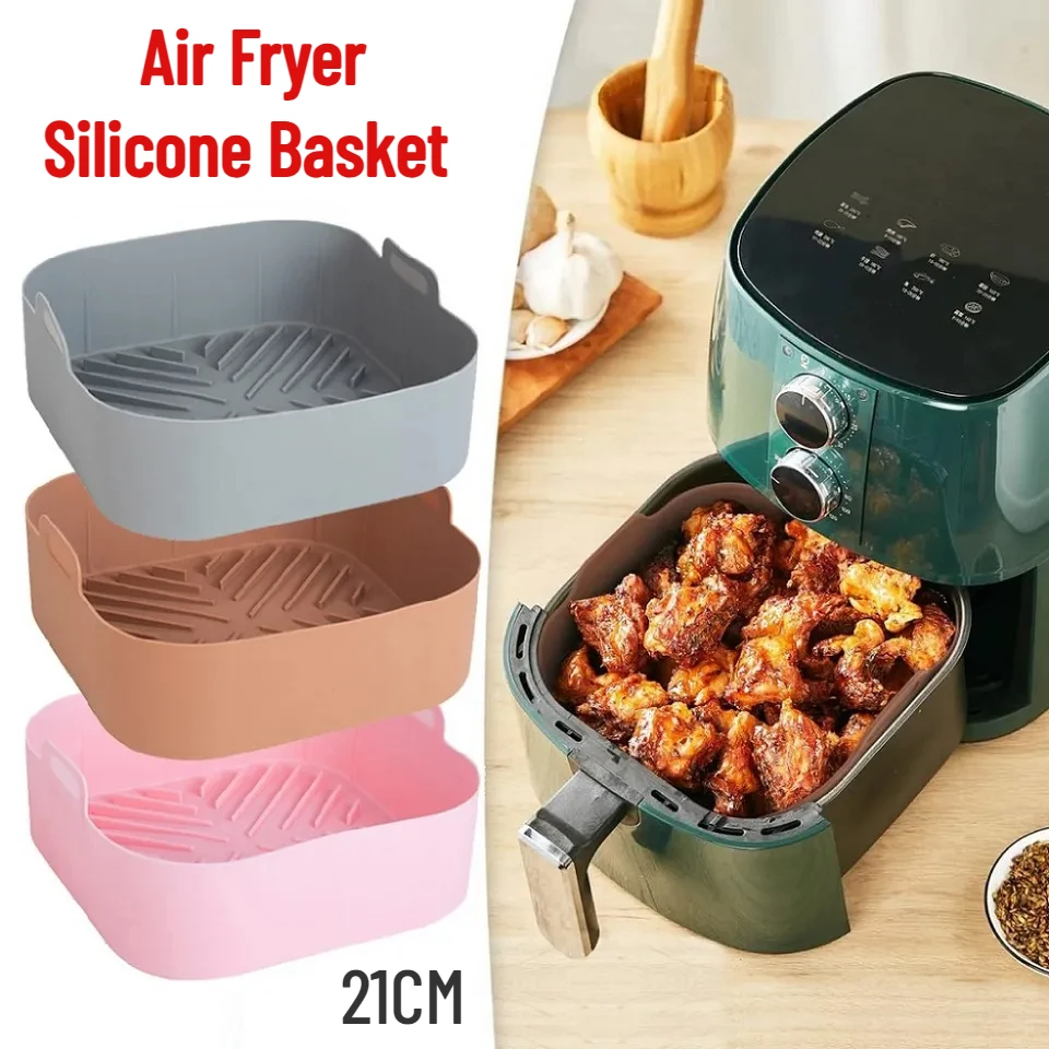 Silicone Air Fryer Pot Tray BBQ Barbecue Pad Plate Airfryer Oven Baking Mold Pot Food Safe Reusable Square Air Fryer Pan 21cm