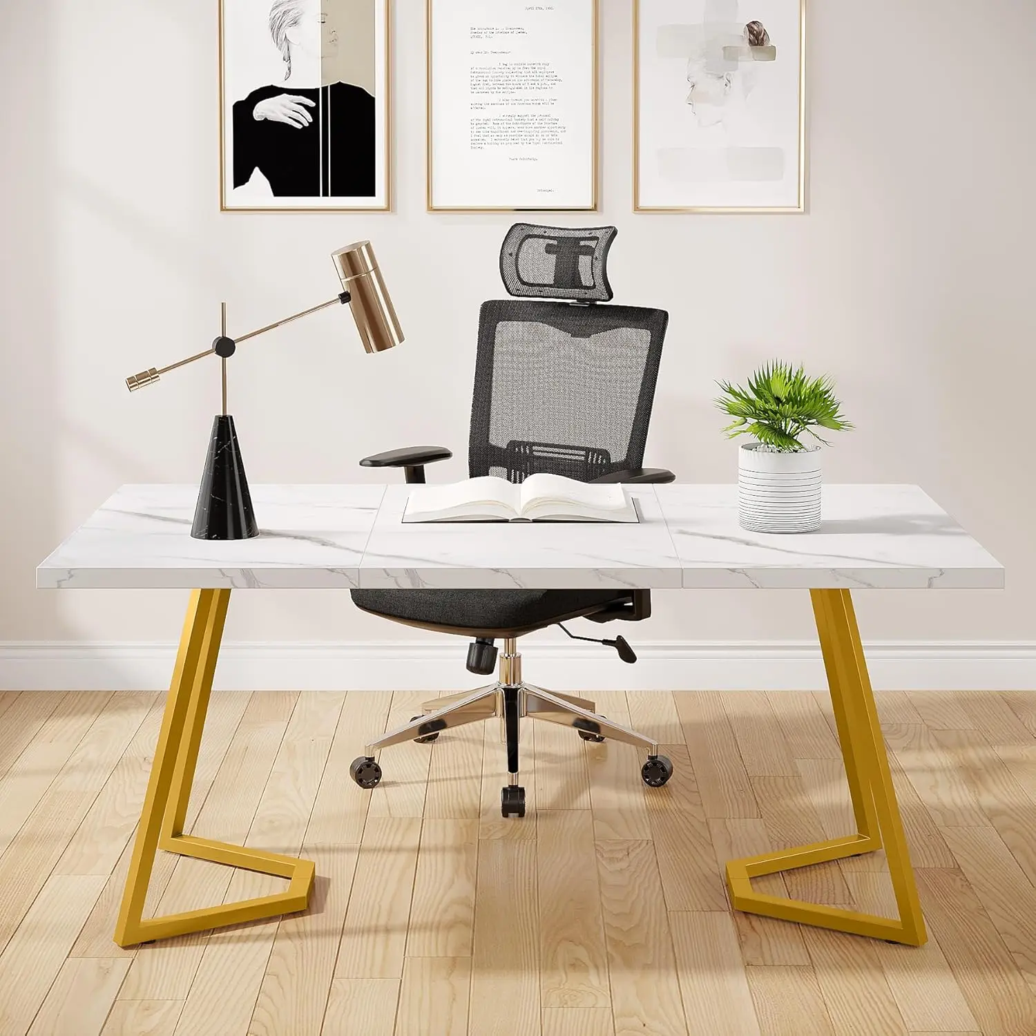 

Modern Gold Computer Desk: 55 Inches White and Gold Home Office Desk with Metal Legs, Faux Marble Study Writing Table
