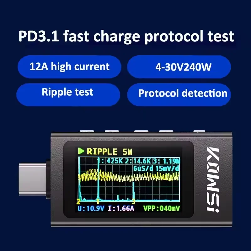 

TYPE-C Fast Charge Detection Trigger Capacity Measurement Ripple Measurement KWS-X1 4V-30V 12A Type C Tester Voltmeter Ammeter