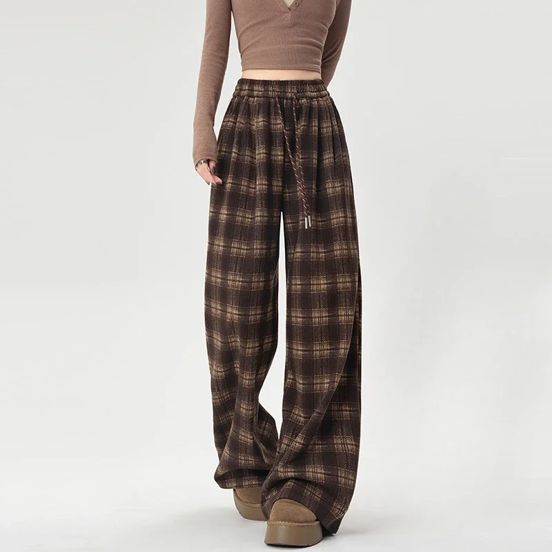 Woolen Plaid Straight Pants for Women Harajuku Autumn Winter Retro Casual Trousers Baggy Elastic High Waist Wide Leg Pants Mujer