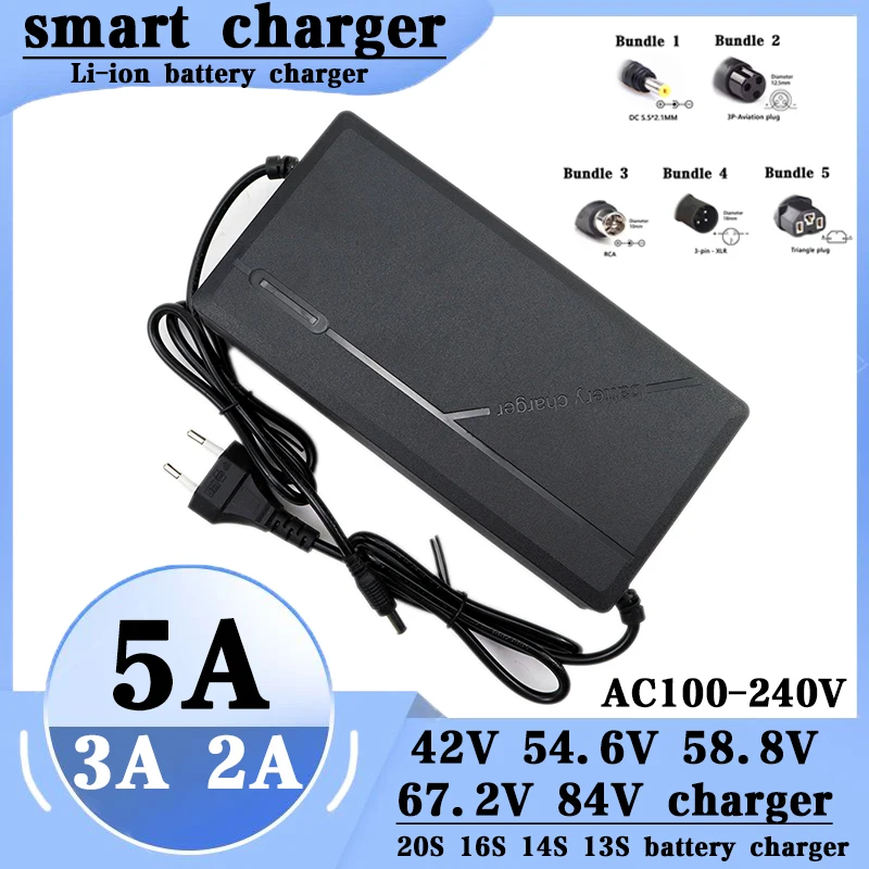 36V 48V 60V 72V Charger 2A 3A 5A 10S 13S 16S 20S Lithium Battery Pack US/EU/AU/UK Plug 42V 54.6V 67.2V 84V Smart Fast Charging