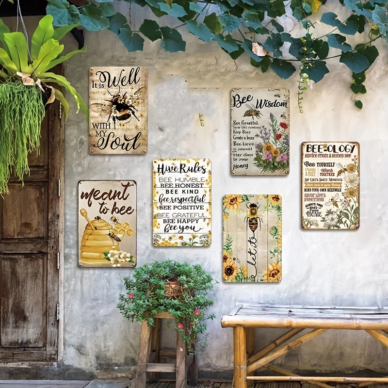 مجموعة لافتات قصدير عسل النحل المعدنية العتيقة: نصيحة علم النحل القديم من ديكور حديقة النحل العسل - 6 قطع، 30.48 × 20.32 سم، جدار أ #2